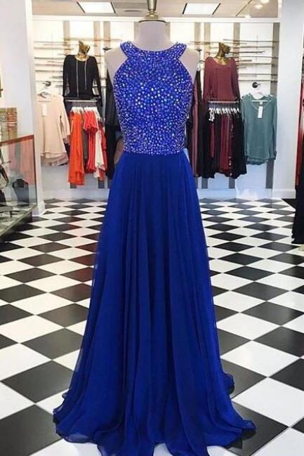 Royal Blue Prom Dress,sexy Beading Prom Dress, Prom Dress,round Neck Long Prom Dress, Blue Evening Dress