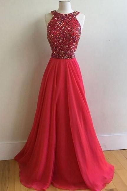 Beading Prom Dress,a Line Prom Dress,red Round Neck Long Prom Dress, Prom Dress 2018,red Evening Dress