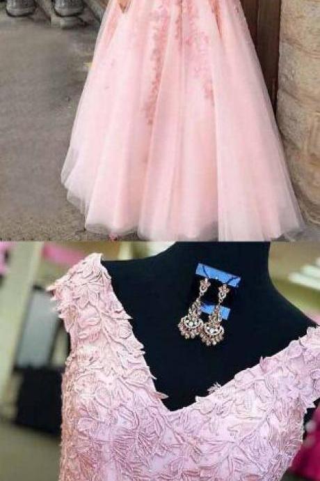 Cap Sleeves Pink Prom Dress,a-line V-neck Prom Dress,sexy Prom Dress,tulle Beaded Appliques Prom Dress