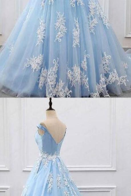 Off-the-shoulder Prom Dress,lace Prom Dress, Prom Dress,court Train Blue Tulle Prom Dress