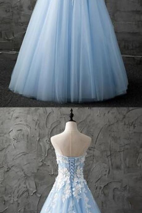 Sweetheart Blue Prom Dress,sexy Prom Dress, Prom Dress,tulle Long Customized Evening Dress With Appliques