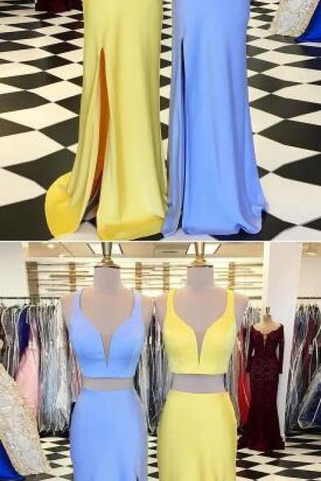 Two Piece Prom Dresses,simple Prom Dress,a Line Prom Dress, Straps Shealth Sexy Prom Dress,simple Long Prom Dress