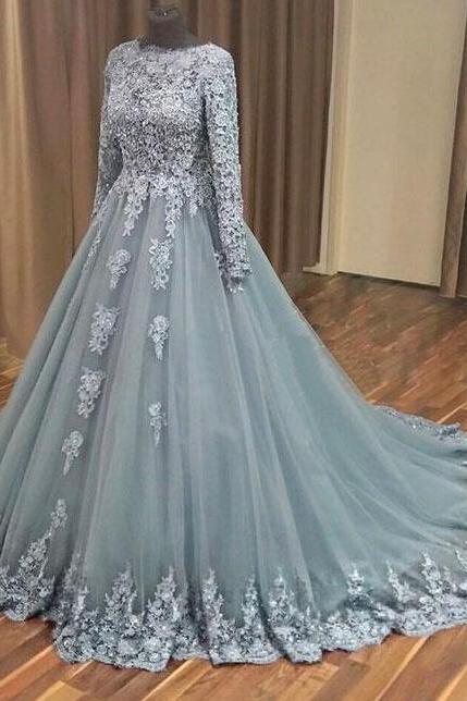 Gray Ball Gown Prom Dress,sexy Prom Dress,mermaid Prom Dress,applique Tulle Long Prom Dress ,gray Evening Dress