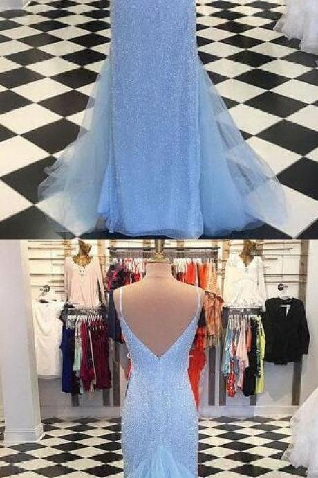 Mermaid Prom Dress,sexy Prom Dress,spaghetti Straps Sweep Train Blue Prom Dress, Prom Dress,sequined Prom Dress