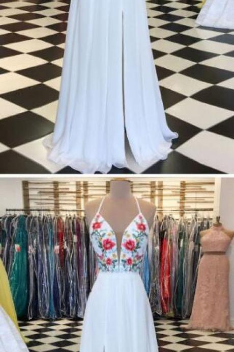 White Prom Dress,sexy Prom Dress,chiffon Prom Dress, A-line Floral Embroidery Spaghetti Straps Elegant Prom Dresses, Long Evening Dress