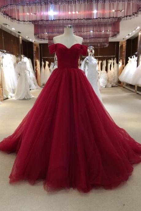 Off Shoulder Tulle Prom Dress, Ball Gown Prom Dress,long Party Dress,wine Red Prom Dresses , Prom Dress