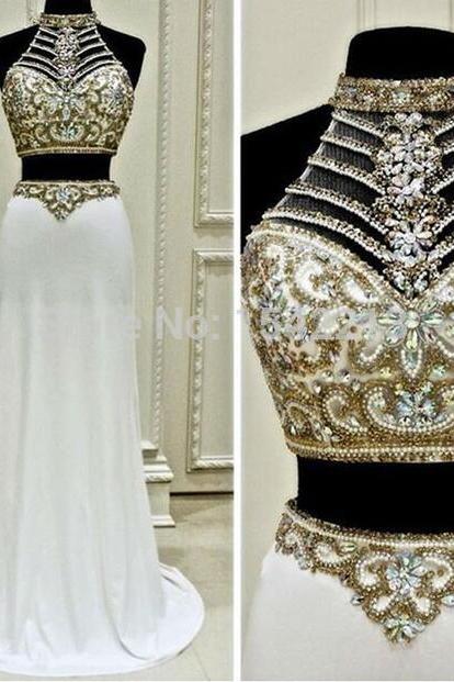 Sexy Beading Prom Dress,fashionable Two Pieces Prom Dress,chiffon Prom Dress,high Neck Prom Dresses,white Sexy Woman Pageant Gowns