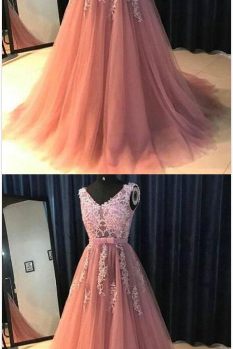 Appliques Tulle Prom Dresses, Sexy Prom Dress,lace Prom Dress, Prom Dress 2018,long Evening Dresses