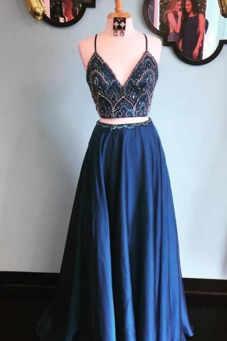 Sparkly Two Piece Prom Dress,Beading prom Dress,A Line Prom Dress,Cheap Prom Dress,Sexy Navy Blue Long Prom Dress