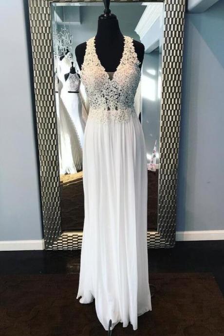 White Lace Prom Dress,chiffon Prom Dress,a-line Promdress,v-neck Long Prom Dress,white Evening Dress