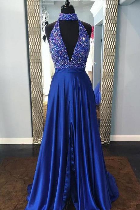 Royal Blue Split Formal Dress,sexy Prom Dress,beading Prom Dress,v Neck Prom Dress,stain Prom Dress