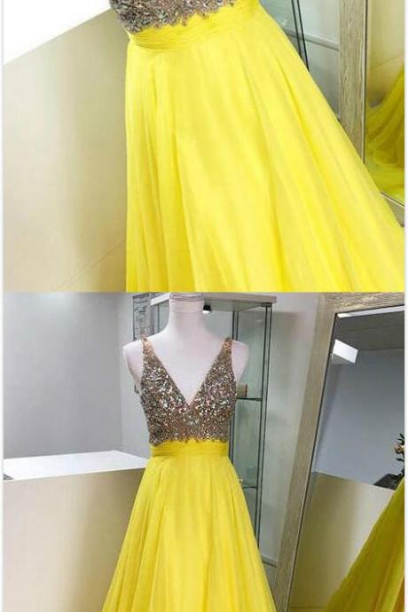 Stunning Yellow Prom Dress,chiffon Prom Dress,beading Prom Dress,v-neck Rhinestones Prom Dress,straps Chiffon Evening Dress