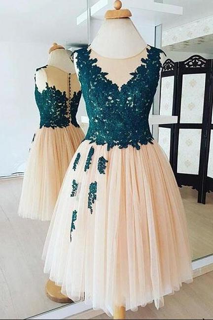 Champagne Round Neck Homecoming Dress,lace Tulle Homecoming Dress,short Prom Dress,applique Homecoming Dress