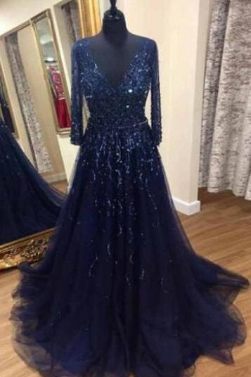Deep V-neck Prom Dresses,tulle Prom Dress,sexy Prom Dress,a-line Sweep Train Navy Blue Beaded Prom Dress, Modest Navy Blue Long Prom Dresses,