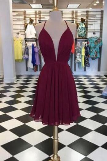 Burgundy Chiffon Plunge V Tie Back Short Ruffled A-line Homecoming Dress