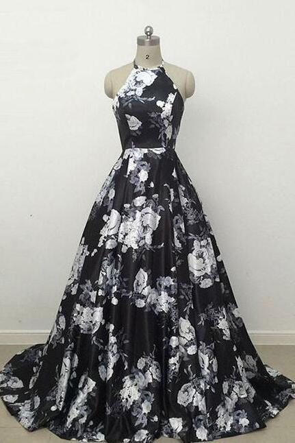 BLACK Flower Prom Dress,Printing Prom Dress,Sexy Prom Dress,Ball Gown Halter Prom Dress,Satin LONG PROM DRESS BLACK EVENING DRESS
