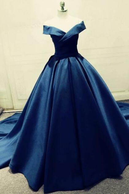 Navy Blue Prom Dress,ball Gown Prom Dresses ,sexy Prom Dress,satin Off The Shoulder Evening Gowns