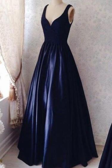 Lace V-neck Navy Blue Prom Dresses,stain Prom Dress,graduation Dresses,navy Blue Lace Party Dresses,v-neckline Navy Blue Lace Evening Dresses