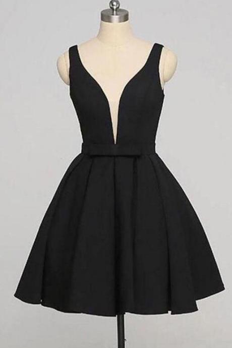 Knee Length Black Homecoming Dress,short Prom Dress,black Plunge V Sleeveless Homecoming Dress, Little Black Dress