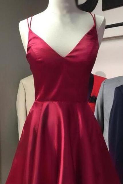 Spaghetti Straps V-neck Prom Dress,short Prom Dress.satin Homecoming Dresses ,short Mini Cocktail Dress