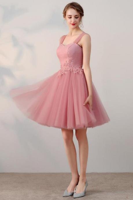 A-line Pink Tulle Prom Dress,short Homecoming Dress,lace Applique Straps Short Prom Dress ,simple Homecoming Dress