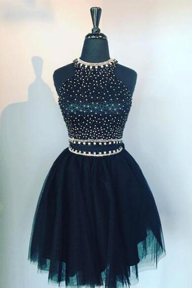 Two Piece Black Homecoming Dress,Tulle Short Prom Party Dress ,Short Dress