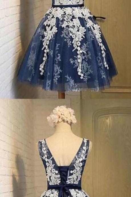 A-line Scoop Knee-length Navy Blue Prom Dress,short Prom Dress,organza Homecoming Dress With Appliques