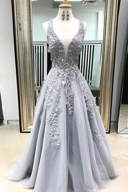 Deep V Neck Lace Prom Dress,long Prom Dresses With Appliques,stain Prom Dress