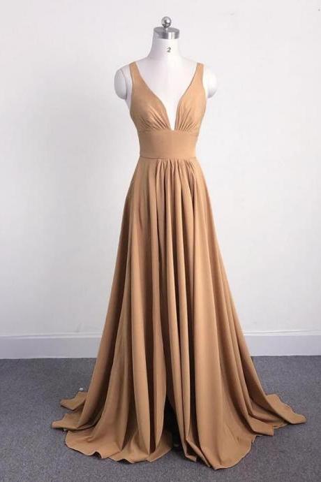 Beautiful Sexy Prom Dress,v-neckline Chiffon Long Party Gown 2019, Champagne Long Formal Dresses