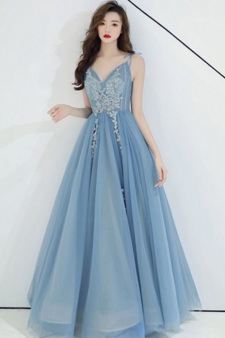 Light Blue Floor Length V-neckline Tulle Prom Dress, Blue Party Dresses