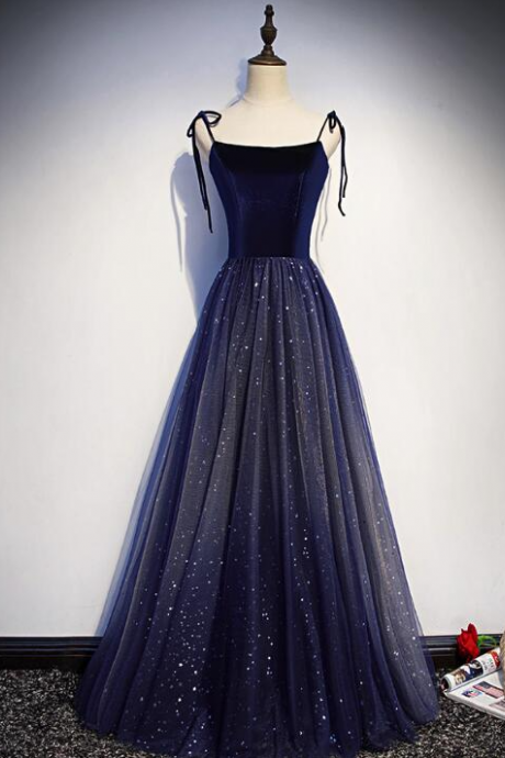 Charming Navy Blue Velvet And Tulle Straps Prom Dress