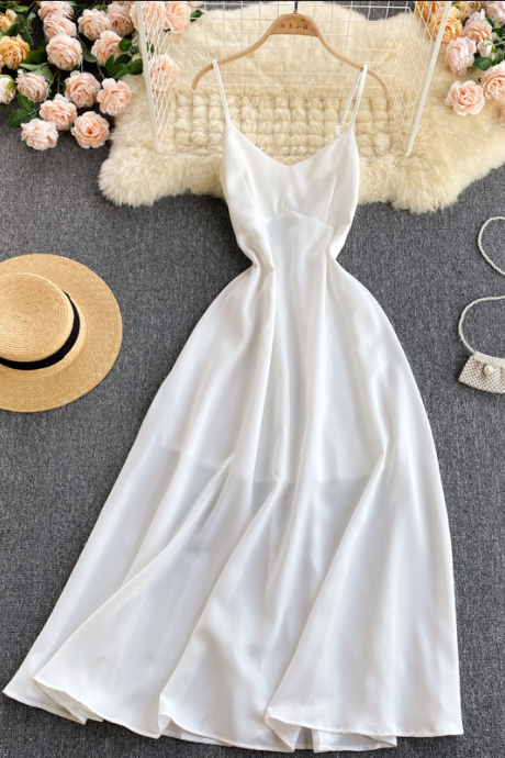 A Line White V Neck Dress Summer Dress