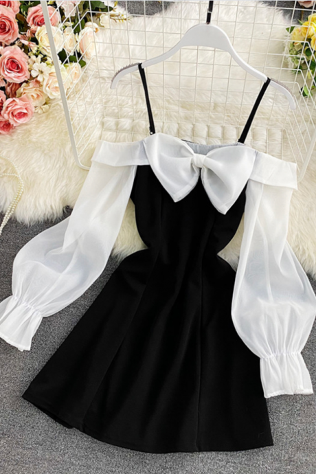 Cute Bow Long Sleeve Short Dress