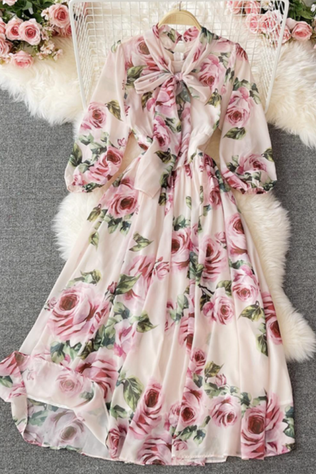 Stylish A line long sleeve dress floral dress