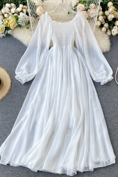 Stylish A Line Long Sleeve White Chiffon Dress