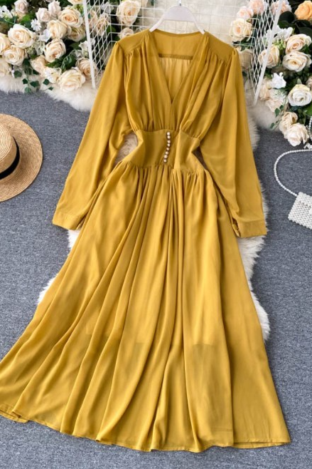 French Vintage Deep V Neck Long Sleeve Dress
