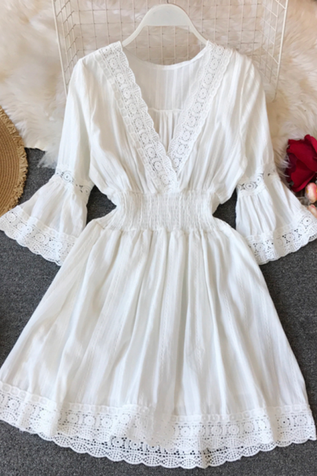 A Line White Hollow Lace Dress