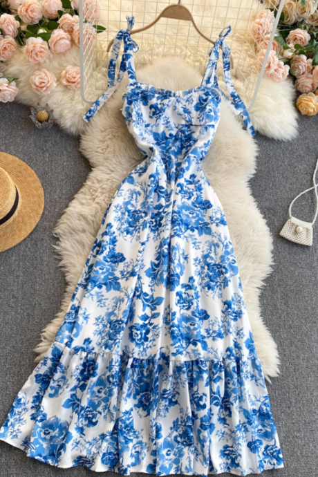 Vintage Pleated Dress Summer Floral Blue Dress
