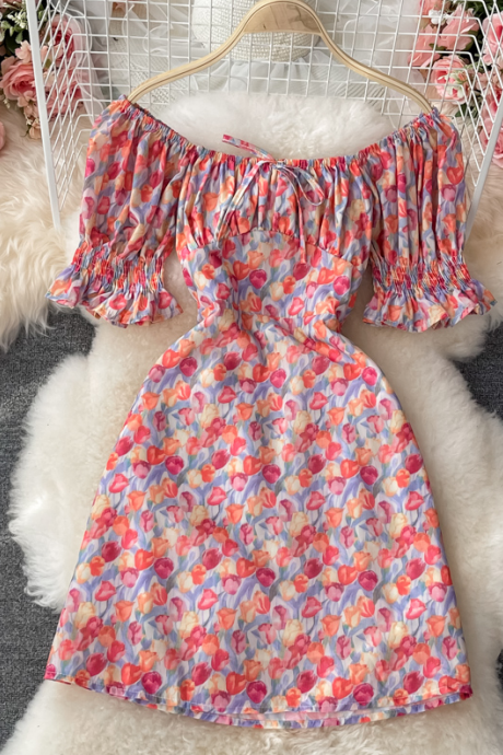 Puff Sleeve Floral Holiday Skirt Chiffon Dress Summer Dress