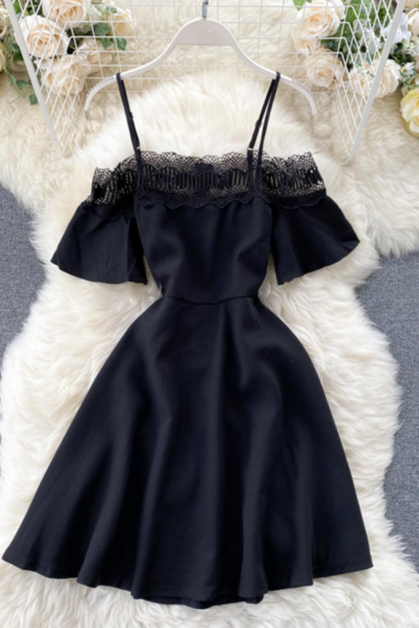 Cute Black Lace Short Dress A Line Off Shoulder Dress