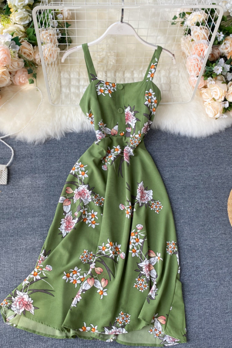 Floral Dress, Vintage, Square Neck Midi Dress, Fashion Printed Spaghetti Strap Dress