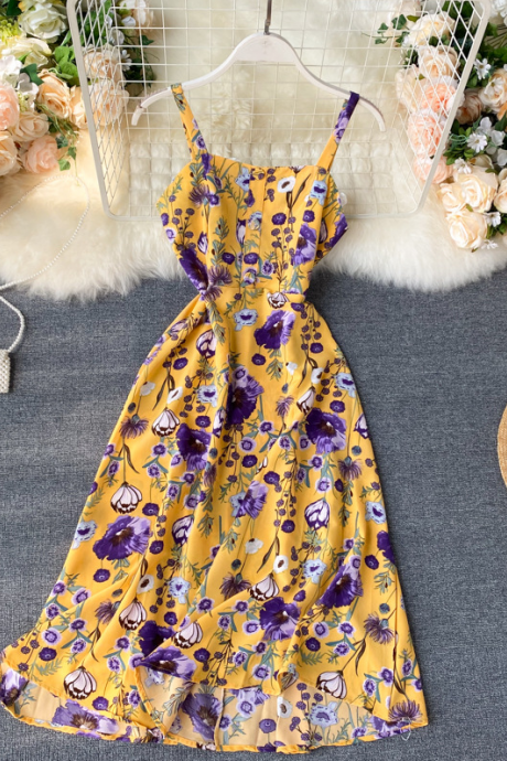Floral Dress, Vintage, Square Neck Midi Dress, Fashion Printed Spaghetti Strap Dress