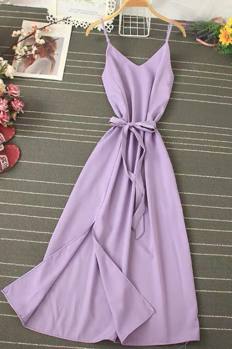 Name:simple, Solid Color, Spaghetti Strap Dress, Slit Dress, Sexy Midi Dress