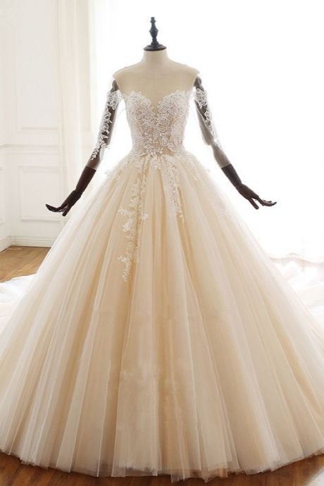 Champagne Long Sleeves Tulle Wedding Dress Appliques Bridal Gowns