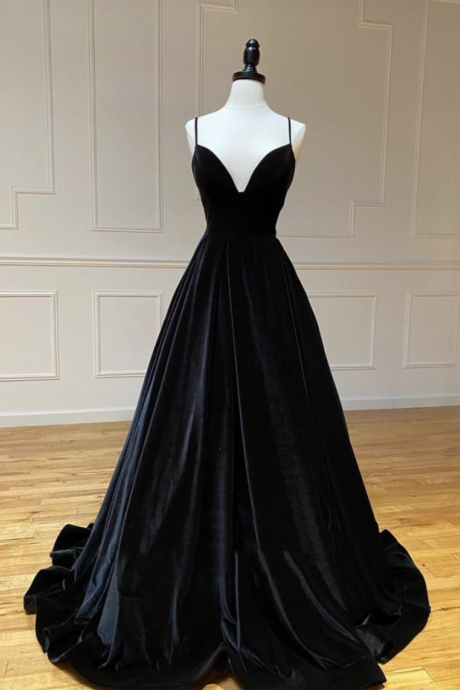 Vneck Velvet Prom Dress Black Evening Dress