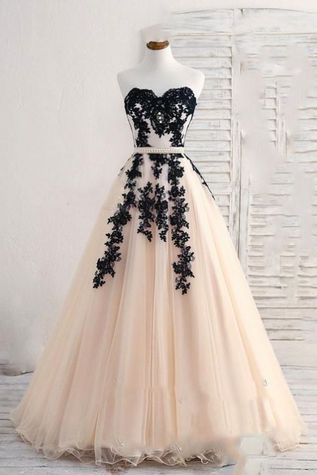 Champagne And Black Lace Formal Prom Dress