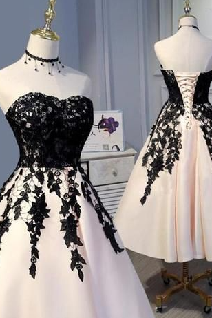 Tea Length Champagne And Black Lace Formal Prom Dress Short