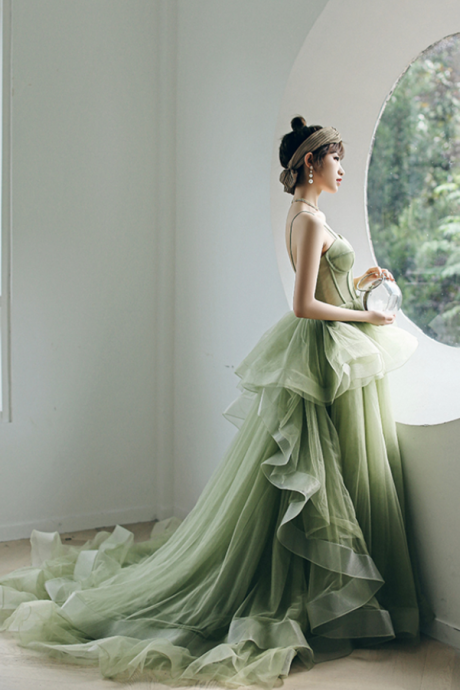 A Line Prom Dress Green Tulle Long Evening Dress