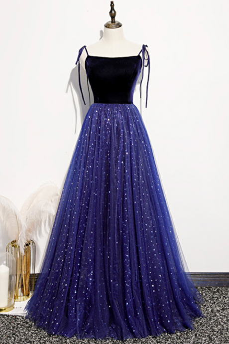 Velvet Tulle Long Prom Dress A Line Evening Dress