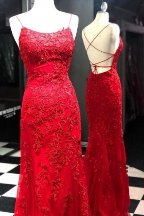 Sexy Backless Red Long Prom Dress With Appliques, Mermaid Evening Party Dress